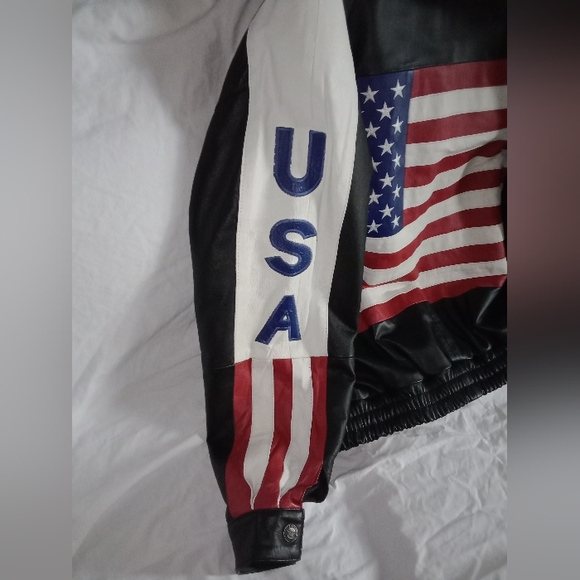 Vintage Oscar Piel Perfect Leather USA Flag Stars Stripes Jacket Size Medium Y2K - Picture 5 of 9